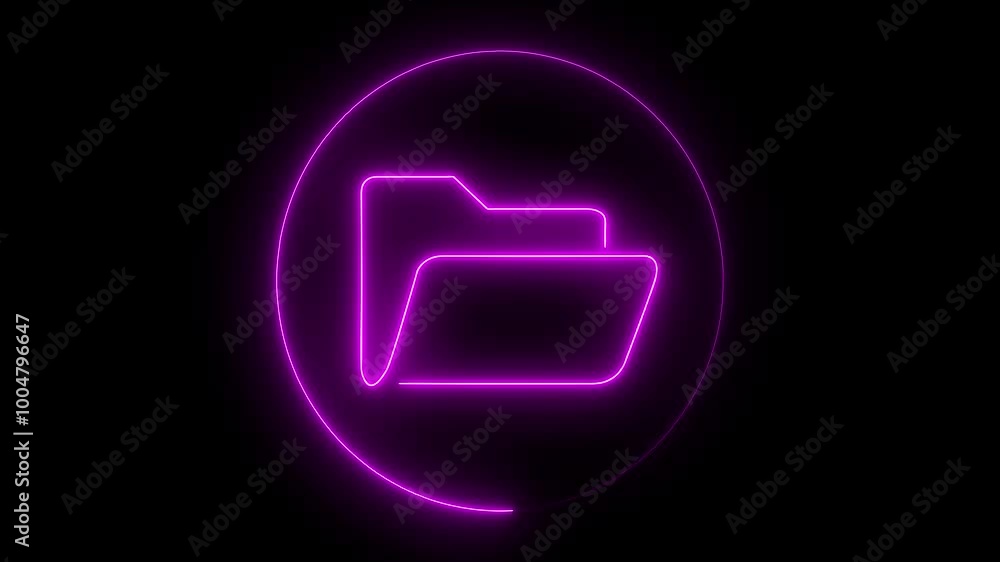 Glowing neon file folder icon with neon circle. Glowing neon Folder icon animation on black background. Glowing neon file folder icon with neon circle. Glowing neon Folder icon animation on black background.