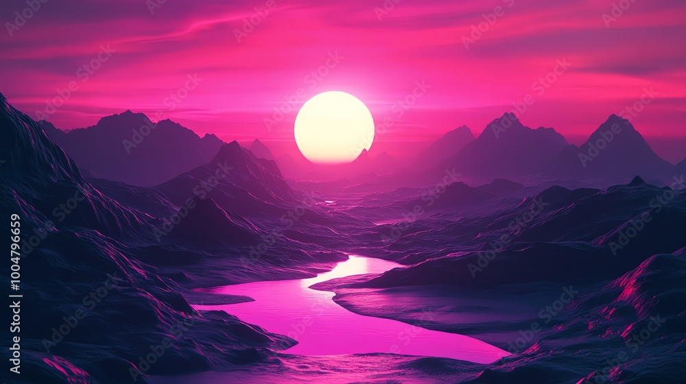 Pink sunset over a dramatic mountain range with a winding river. Pink sunset over a dramatic mountain range with a winding river.