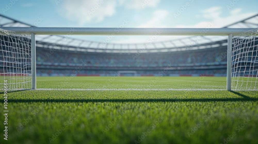 Fototapeta premium Detailed shot of a stadium's goalpost, no people in view, clear background with space for text