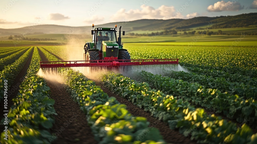 Farmers Operating Tractor Spraying Pesticide on Crops – Expansive Agricultural Field with Green Plants, Sustainable Farming and Natural Landscape Under Soft Sunlight Farmers Operating Tractor Spraying Pesticide on Crops – Expansive Agricultural Field with Green Plants, Sustainable Farming and Natural Landscape Under Soft Sunlight