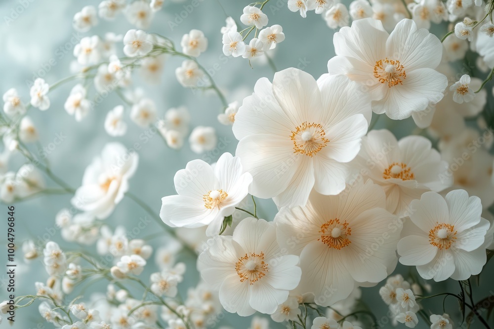 Obraz premium delicate white and gold flowers cascade across a soft background evoking elegance and romance this enchanting wedding invitation design exudes charm and sophistication