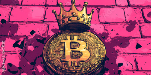 Bitcoin symbol with a crown, depicted on a graffiti-style brick wall, highlighting cryptocurrency as king. Ideal for businesses in finance, tech, or creative industries promoting blockchain or cryptoc photo