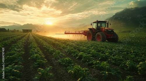 Farmers Operating Tractor Spraying Pesticide on Crops – Expansive Agricultural Field with Green Plants, Sustainable Farming and Natural Landscape Under Soft Sunlight photo