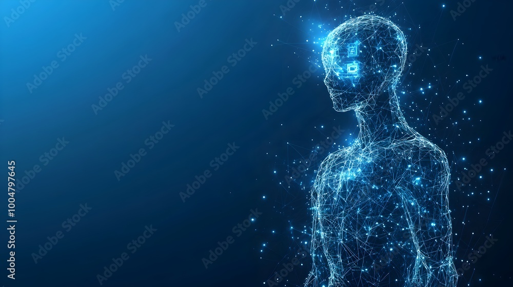 Abstract digital AI robot on circuit board light blue background. Abstract digital AI robot on circuit board light blue background.