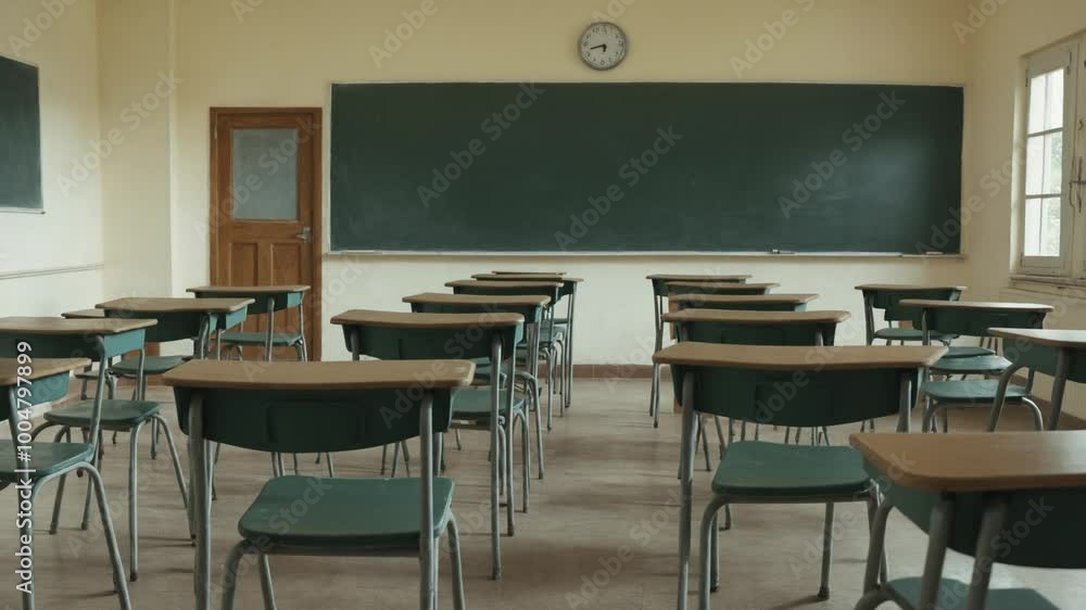 Empty classroom with chalkboard and rows of desks with chairs. Break at school. 4k video Empty classroom with chalkboard and rows of desks with chairs. Break at school. 4k video