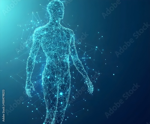 Abstract digital human body. Polygonal wireframe silhouette. Low poly anatomy blue background.