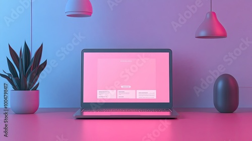 A laptop with an ecommerce website open, abstract background, with space for copy or branding