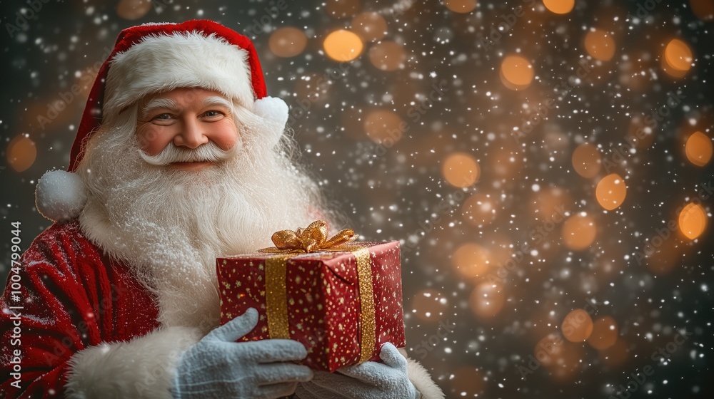 Santa claus with christmas presents in his hands, christmass lights and snowfall in the background, big editable space Santa claus with christmas presents in his hands, christmass lights and snowfall in the background, big editable space
