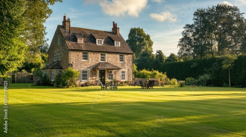 A peaceful countryside house as a holiday destination, no people, with room for text