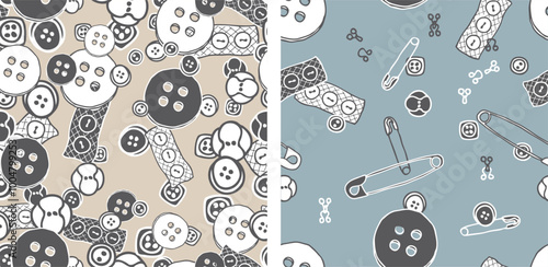 Seamless patterns of clothing buttons, pins and hooks for sewing, backgrounds,wallpaper,paper, vector illustration