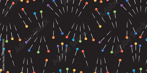Seamless pattern of drawn colorful sharp sewing pins, black background, wallpaper, paper, textile, wrapper