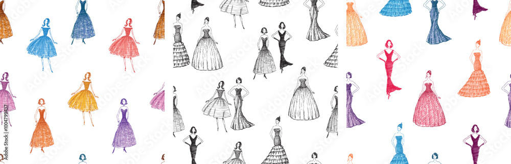 Obraz premium Seamless patterns of sketches cartoon slim young women in evening gowns, fashion backgrounds, wallpaper, paper, textile