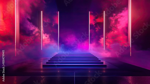 A silent outdoor concert stage with vibrant lighting effects, wide area for branding or text photo