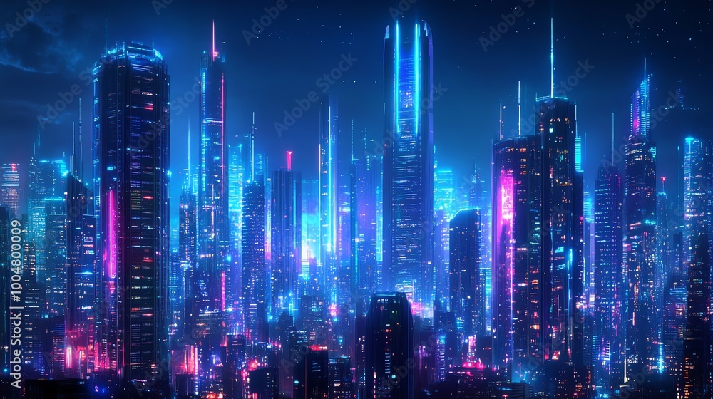 Fototapeta premium Futuristic neon cityscape glowing at night with a starry sky.