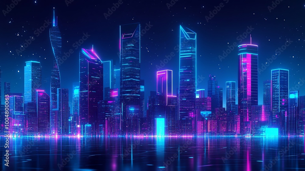 A futuristic city skyline glowing with neon lights, reflecting off of a wet, mirrored surface. A futuristic city skyline glowing with neon lights, reflecting off of a wet, mirrored surface.