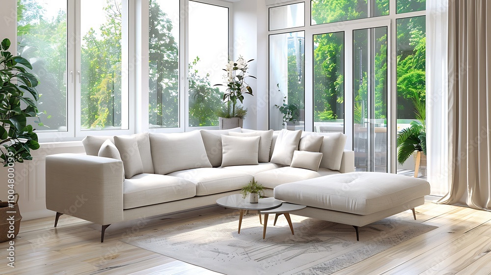 Bright and cozy modern living room with a light-colored sectional sofa and large glass doors Bright and cozy modern living room with a light-colored sectional sofa and large glass doors