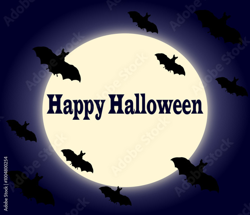 Halloween card with a full moon and bats flying across the night sky