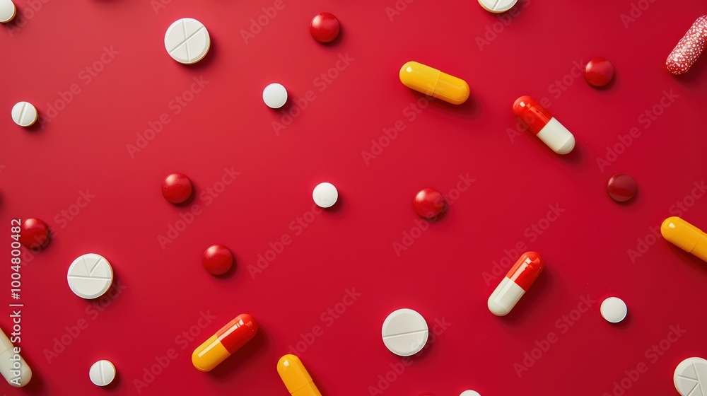 Colorful medicine tablets antibiotic pills on soft red background Colorful medicine tablets antibiotic pills on soft red background