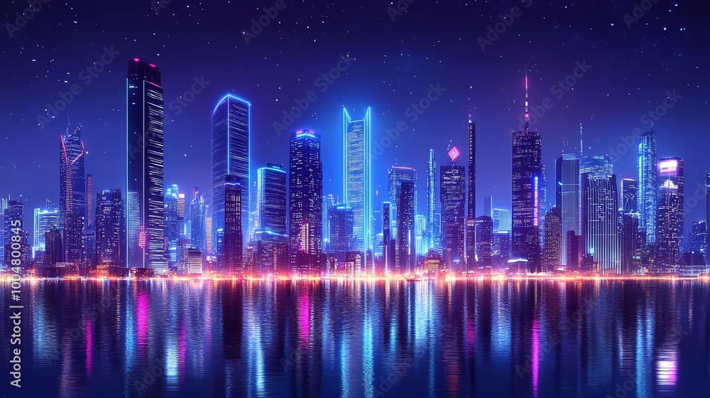 Futuristic city skyline with neon lights reflecting in the water under a starry sky. Futuristic city skyline with neon lights reflecting in the water under a starry sky.