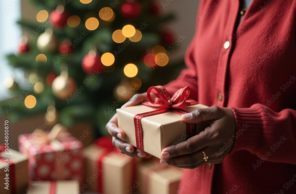 Woman holding christmas gift with decorated tree in background Woman holding christmas gift with decorated tree in background