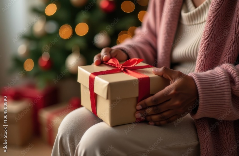 Woman holding christmas present near christmas tree Woman holding christmas present near christmas tree