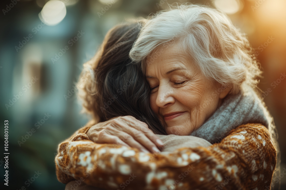 A comforting embrace between a senior nurse and her patient in a serene outdoor setting during golden hour A comforting embrace between a senior nurse and her patient in a serene outdoor setting during golden hour
