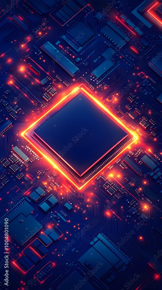 Brightly glowing AI chip on light circuit board on technology blue background. CPU processor or semiconductor on tech bg. Computer microchip on motherboard. Brightly glowing AI chip on light circuit board on technology blue background. CPU processor or semiconductor on tech bg. Computer microchip on motherboard.