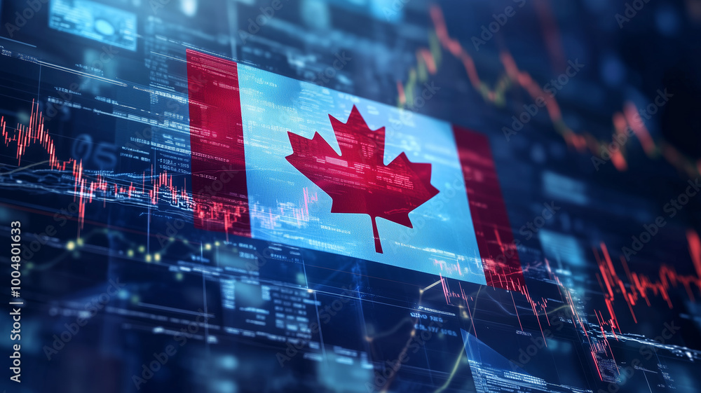 © Dzmitry - The vibrant Canadian flag stands proudly amidst a backdrop of digital innovation and financial growth in a modern urban landscape © Dzmitry - The vibrant Canadian flag stands proudly amidst a backdrop of digital innovation and financial growth in a modern urban landscape
