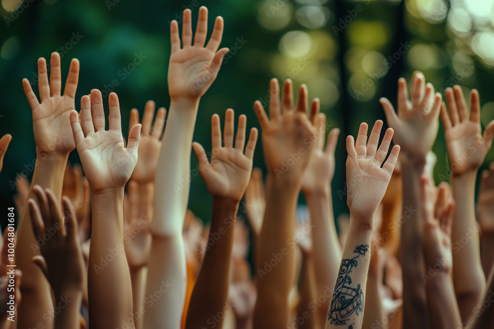 A vibrant gathering of hands raised in unity at sunset, embodying faith and celebration at an outdoor religious event A vibrant gathering of hands raised in unity at sunset, embodying faith and celebration at an outdoor religious event