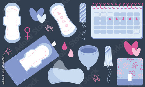 Woman menstruation equipment. Period calendar, pads and tampons with menstrual cup in packages. Hand drawn vector flat colored illustration. Period sanitary goods in blue pink color