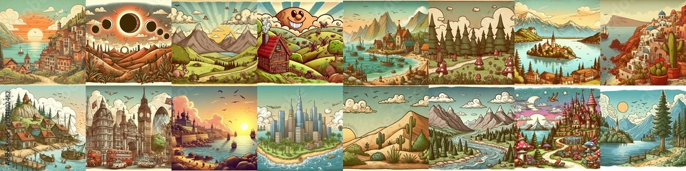 Funny cartoon landscapes. AI generated illustration Funny cartoon landscapes. AI generated illustration