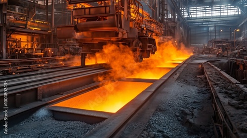 Molten metal flows from a large crucible in a steel mill during the manufacturing process in the early morning hours