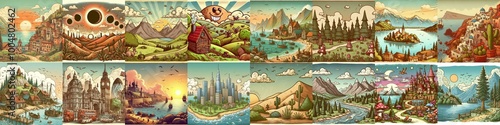 Funny cartoon landscapes. AI generated illustration