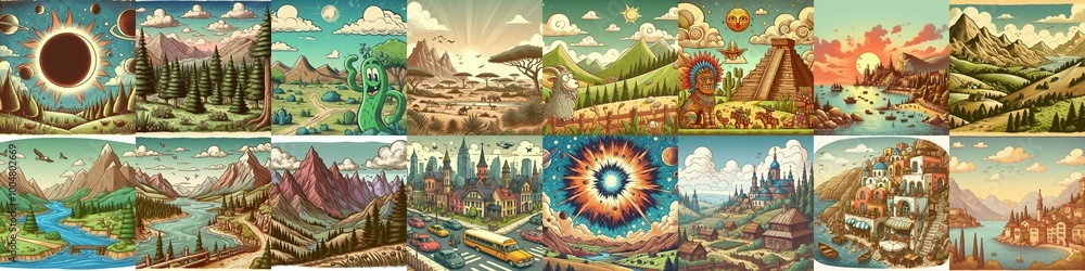 Funny cartoon landscapes. AI generated illustration Funny cartoon landscapes. AI generated illustration