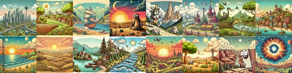 Funny cartoon landscapes. AI generated illustration Funny cartoon landscapes. AI generated illustration