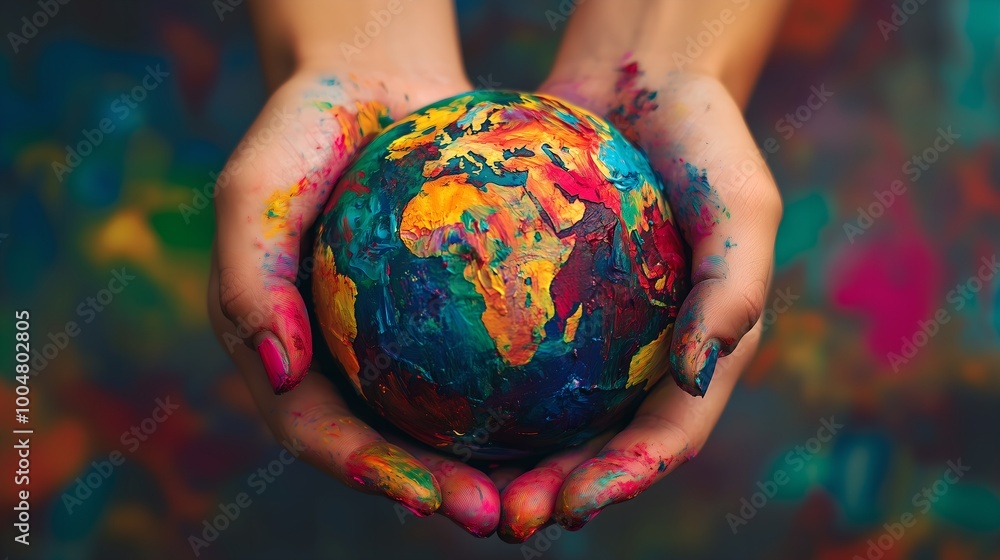 A person is holding a colorful globe made of paint A person is holding a colorful globe made of paint