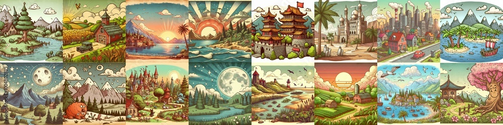 Funny cartoon landscapes. AI generated illustration Funny cartoon landscapes. AI generated illustration