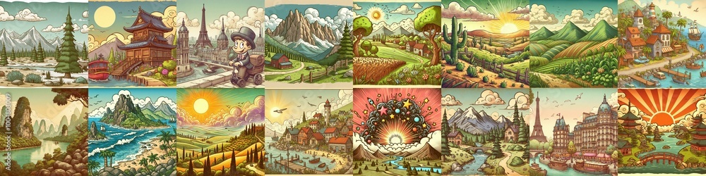 Obraz premium Funny cartoon landscapes. AI generated illustration
