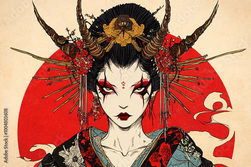  Stylized demon geisha illustration featuring traditional Japanese kimono, horns, and dark fantasy elements, blending beauty and horror with striking red and black contrasts. photo