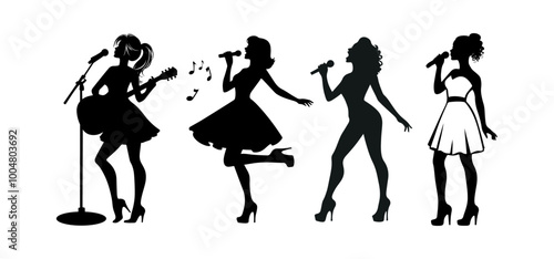 Set of super star women singers, silhouettes performing, vector of female artist singing in karaoke, and showing their talent, this figuration is isolated in white background