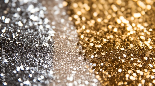 A close-up of shimmering silver and gold glitter.