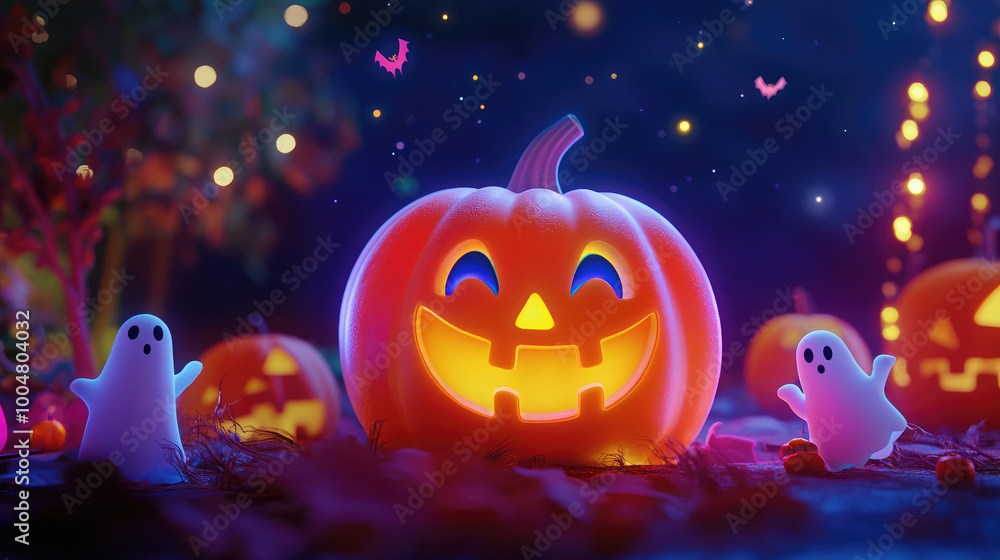 A cute 3D pumpkin with a colorful smile, surrounded by whimsical Halloween decorations like playful ghosts and bats, set against a starry night sky. A cute 3D pumpkin with a colorful smile, surrounded by whimsical Halloween decorations like playful ghosts and bats, set against a starry night sky.