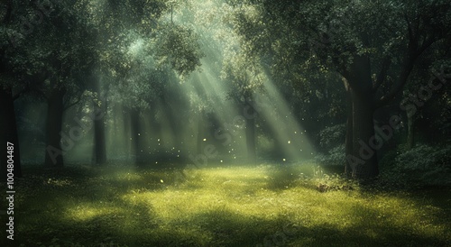 Sunlight beams through the trees in a magical forest, casting a mystical glow on the lush green undergrowth.