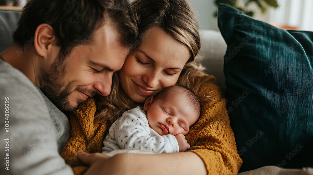 Obraz premium Family bonding moment with parents and newborn in a cozy home setting.