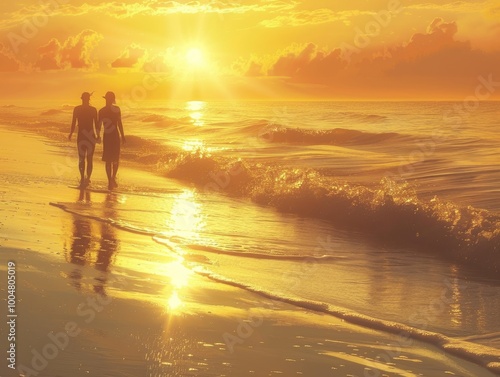 A romantic scene of a couple in love, strolling along the seaside at sunset, with the golden light casting a warm glow over the calm waves.