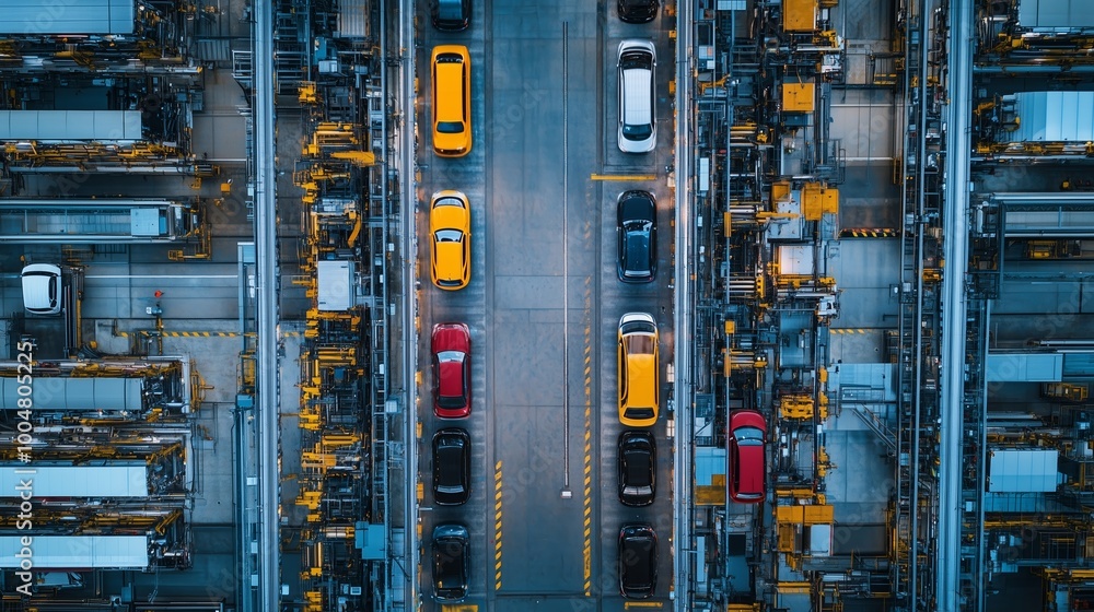 Aerial view of cars navigating through a busy automated parking facility in an urban environment during the day Aerial view of cars navigating through a busy automated parking facility in an urban environment during the day