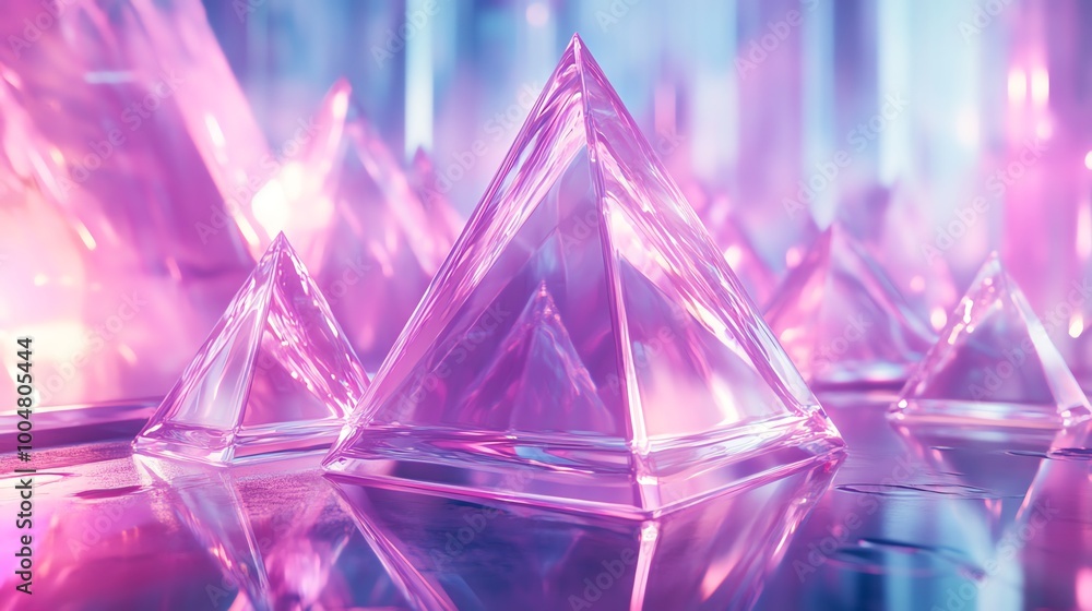 Shiny pink and purple crystal pyramids with a reflective surface. Shiny pink and purple crystal pyramids with a reflective surface.