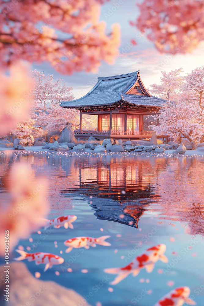 Obraz premium A serene Japanese garden with a traditional wooden structure, a koi pond, and cherry blossoms in full bloom.