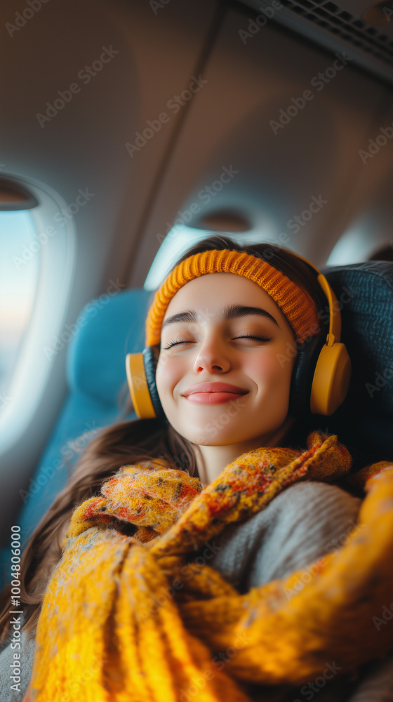 a young woman in a yellow winter outfit with headphones seated by an airplane window during a travel adventure