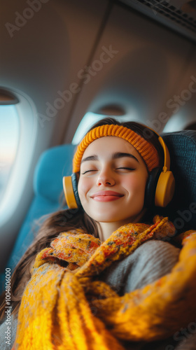 a young woman in a yellow winter outfit with headphones seated by an airplane window during a travel adventure